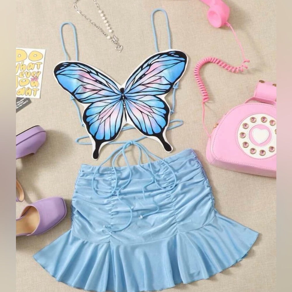 90s Butterfly Print Tie Backless Cami Top & Ruched Ruffle Hem Skirt